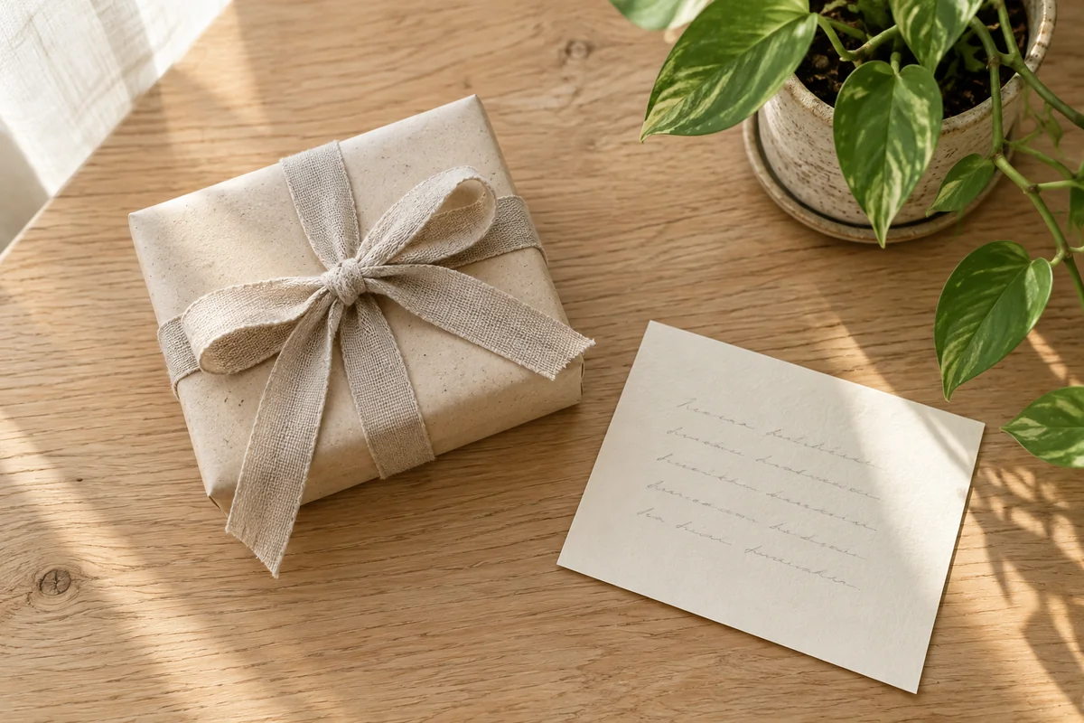 A wrapped gift with a ribbon beside a blank note card and a small plant.