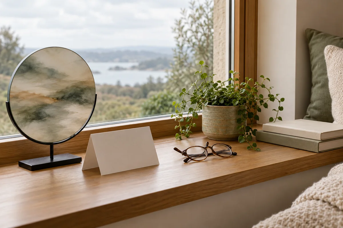 A small family ornament on a window ledge beside a folded sheet of paper and a pair of glasses.