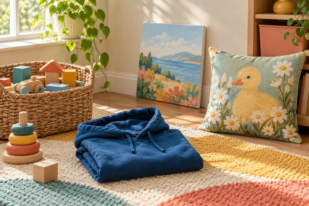 A hoodie, a pillow and a canvas print arranged in a bright playroom corner