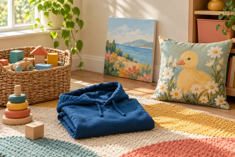A hoodie, a pillow and a canvas print arranged in a bright playroom corner