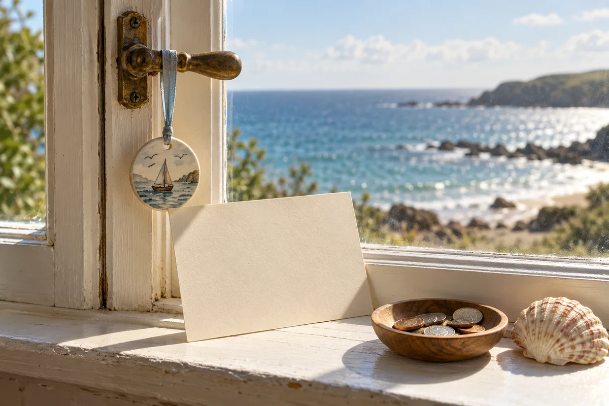 A small round ornament hanging on a window latch beside a blank postcard, a dish of coins and a seashell.
