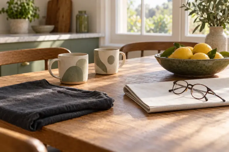 Two mugs, a folded charcoal tee, a folded newspaper and reading glasses with lemons on a table.