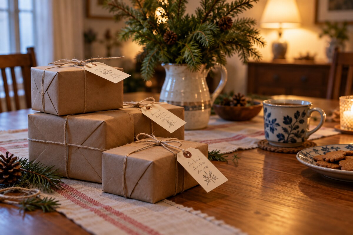 A stack of small gift boxes tied with twine on a family dining table