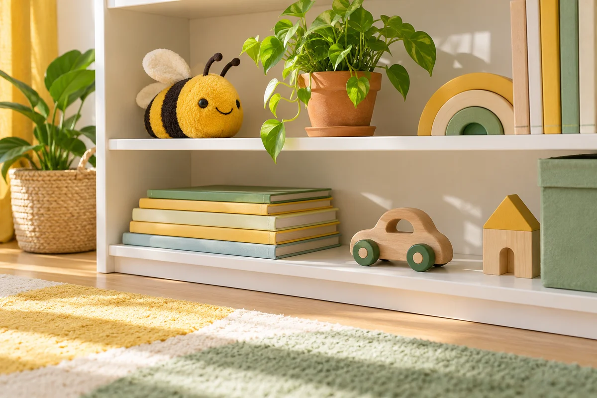 A crochet-style yellow toy bee and a tiny flowerpot on a children’s bookshelf.