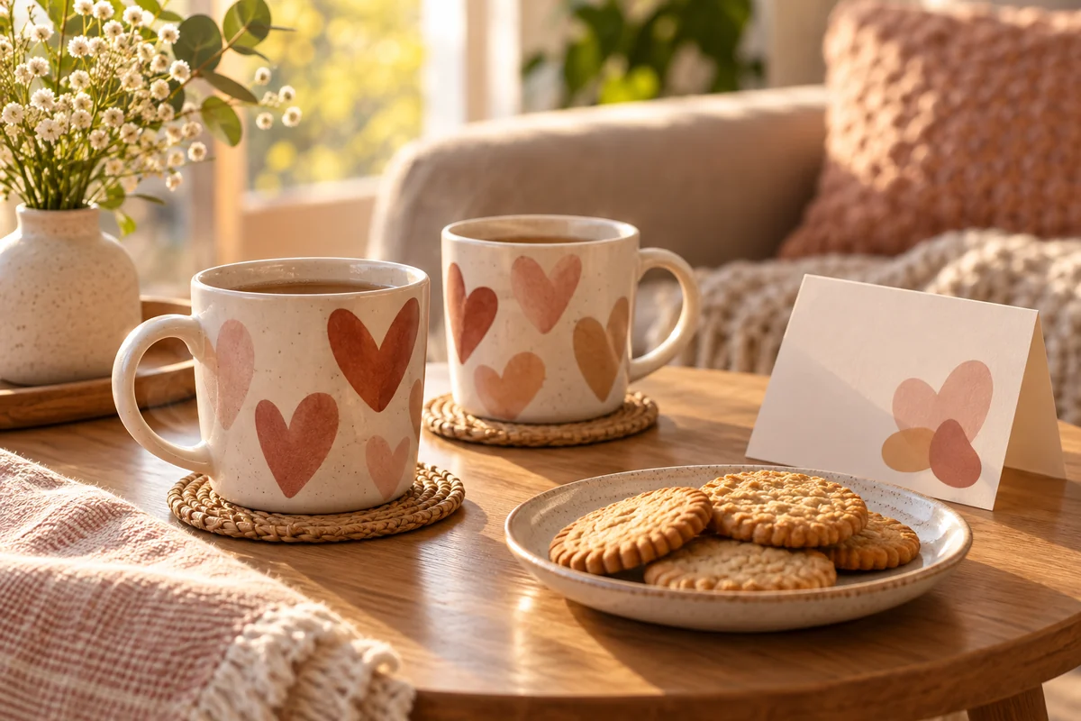 Two friends' mugs on a table beside a blank card