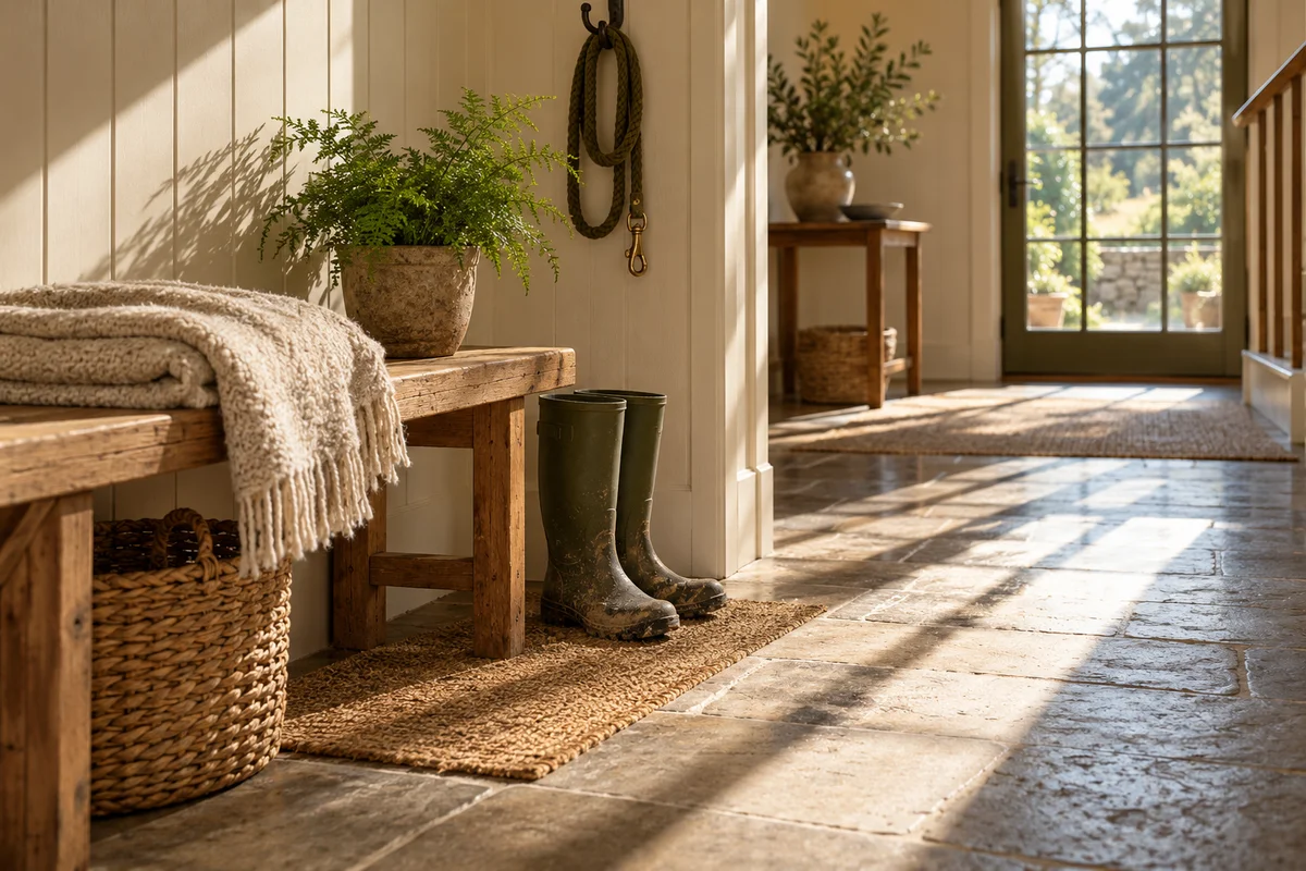 A sunlit hallway with a folded blanket on a bench, a small potted plant and a pair of muddy boots by the door.