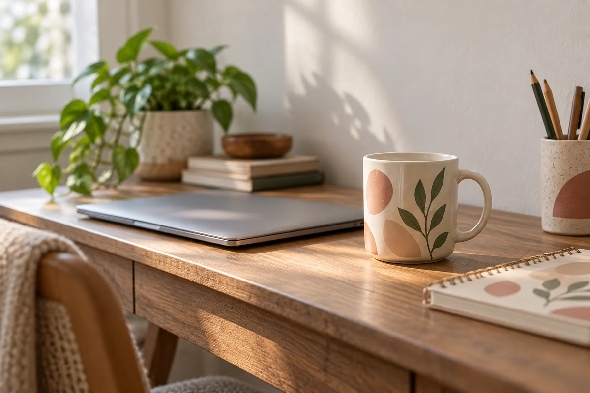 A compact mug on a small desk beside a laptop and a notebook