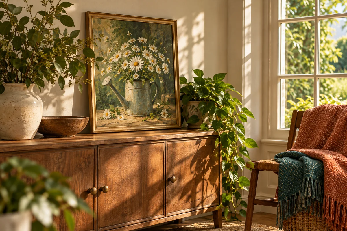 A framed garden painting and a folded blanket beside a sunny window.