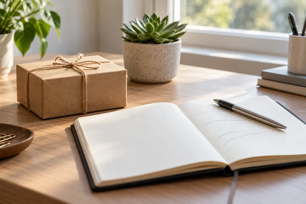A small gift box tied with twine on a desk beside an open planner, a pen and a succulent.