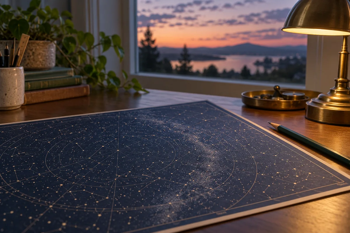 A paper star chart with blurred dots and lines on a desk beside a pencil and a small lamp.