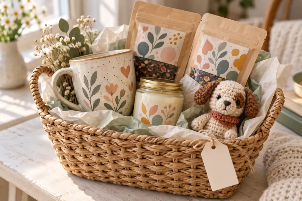 A woven basket holding a mug, a candle, a small crocheted keychain and tea packets on a table