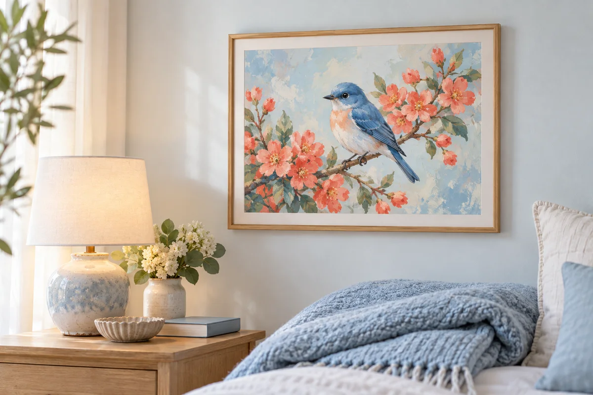 A framed bird painting on a bedroom wall above a folded blanket in soft light.