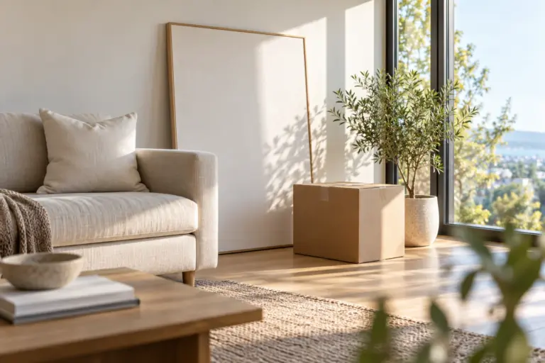 A bright new living room with a sofa pillow, a wall canvas leaning on the floor and moving boxes.