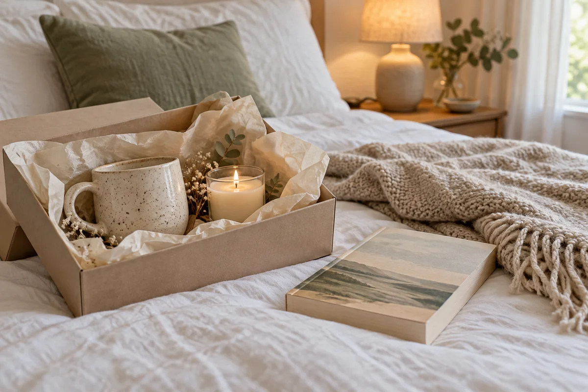 A gift box with a ribbon, a mug and a folded throw arranged on a bed with a paperback.