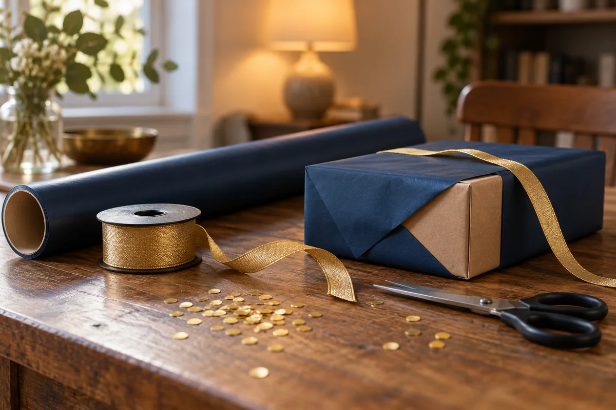 A roll of dark blue wrapping paper and gold ribbon beside a small gift on a table.