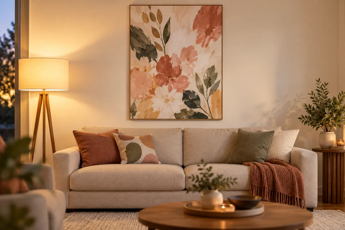 A sofa wall with a large print centered above it and plenty of space on either side