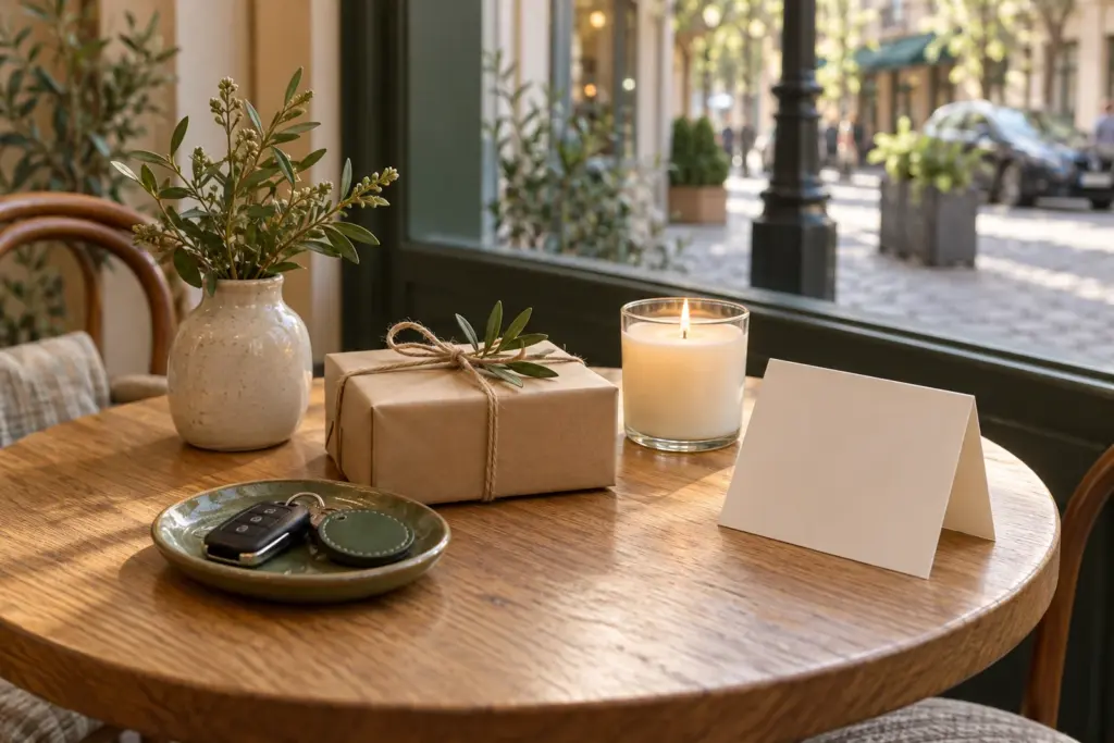 A small gift box, a candle and a keychain on a cafe-style table with a blank card beside them.