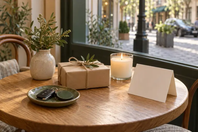 A small gift box, a candle and a keychain on a cafe-style table with a blank card beside them.