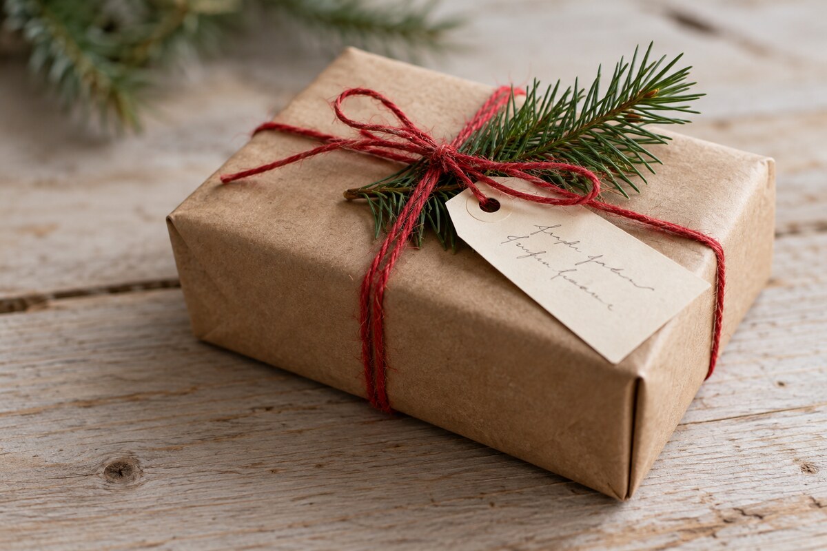 A neatly wrapped gift with a handwritten tag and a sprig of fir on a table