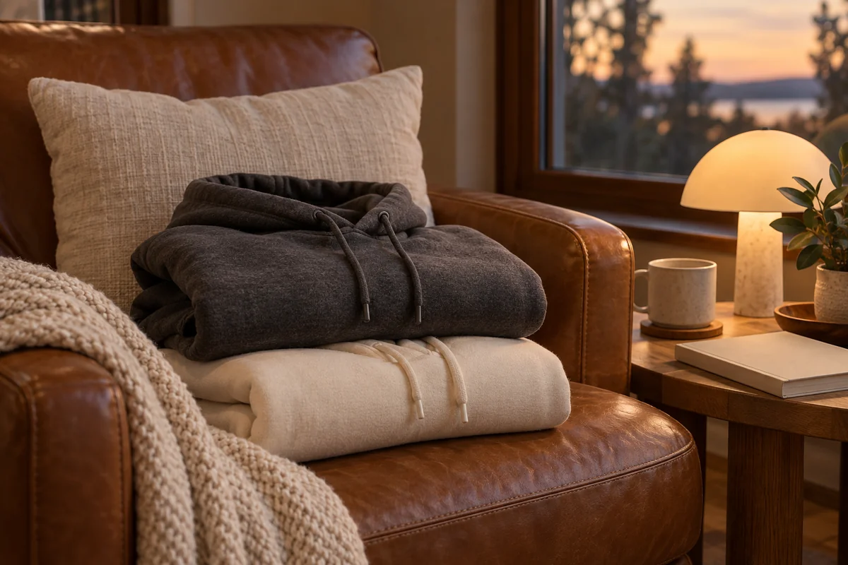 Two folded hoodies stacked on an armchair beside a throw pillow and a lamp.