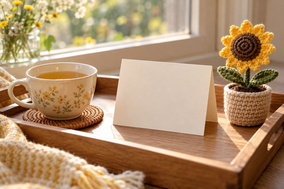 A tea tray with a blank card, a cup and a small crocheted flower in a pot by a window