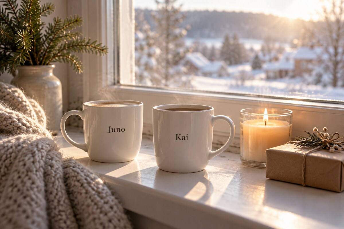 Two mugs side by side on a windowsill with a candle and a small wrapped box