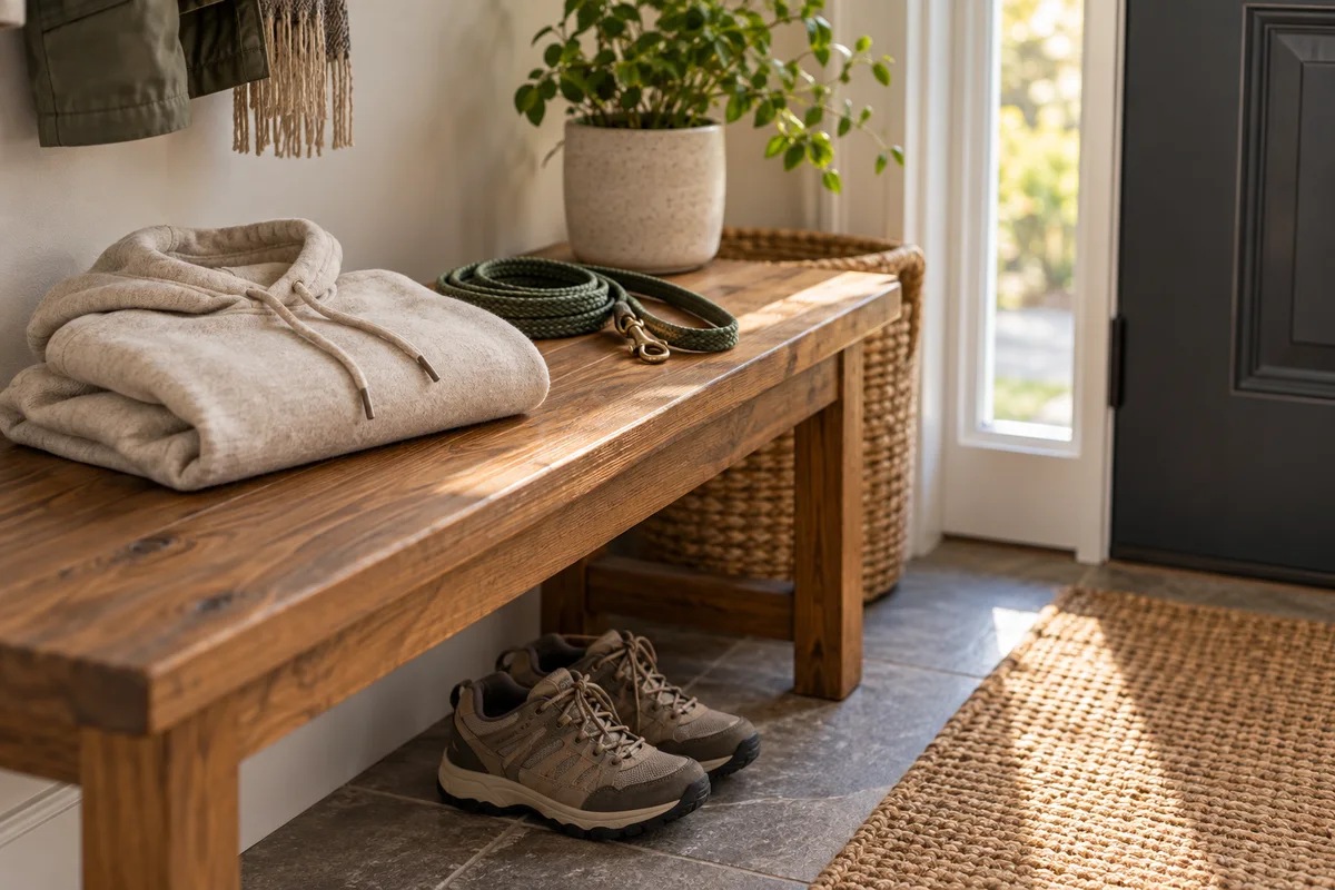 A folded oatmeal hoodie and a dog leash laid flat on a bench by a front door.