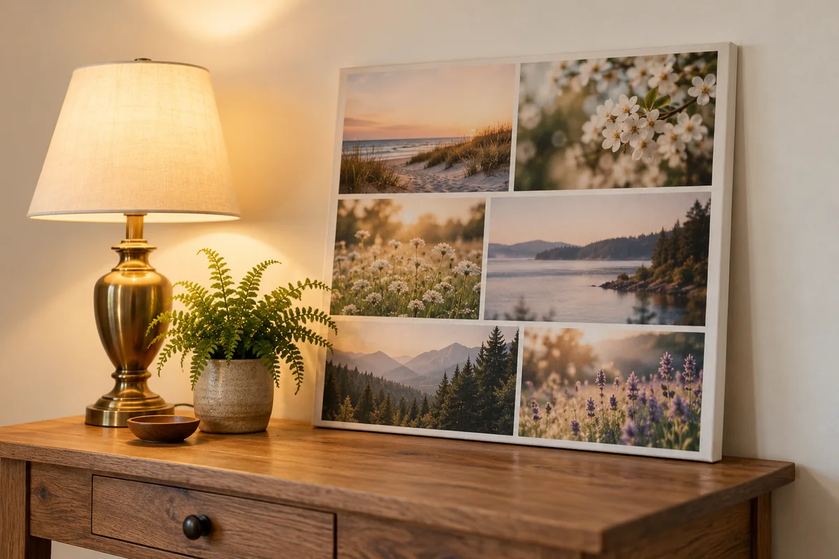 A framed canvas leaning against a wall above a side table with a lamp.