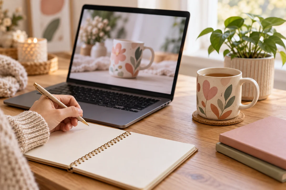 A hand pointing at a laptop screen with a product page, no readable text