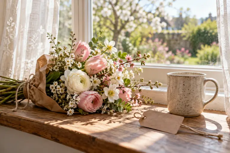 A small bouquet of mixed spring stems beside a plain mug and a kraft gift tag on a windowsill.