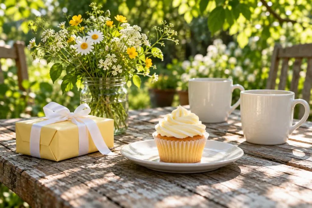 A small wrapped gift, a cupcake and a pair of plain mugs on a sunny garden table.