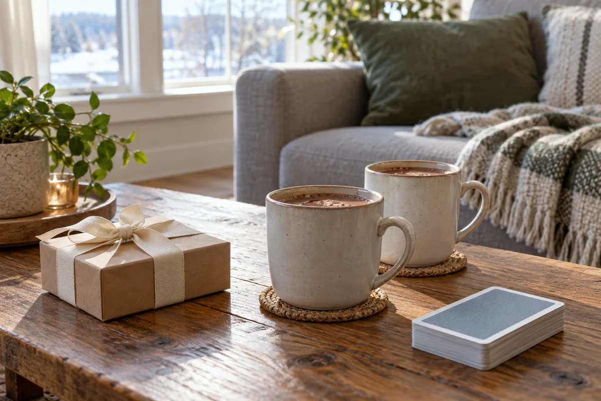 A small gift box with ribbon on a coffee table beside two plain mugs of cocoa and a deck of cards.