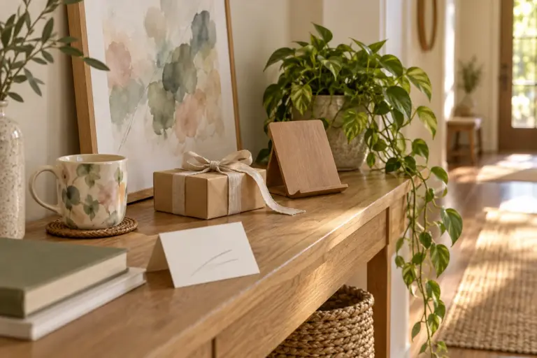 A mug, a gift box and a framed canvas on a hallway table beside a tablet stand for video calls.