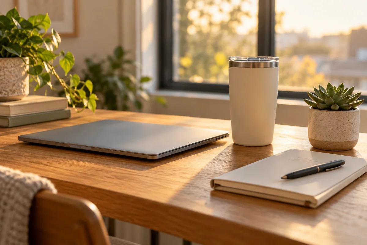 A desk with a closed laptop, a tumbler and a closed notebook in late afternoon light.