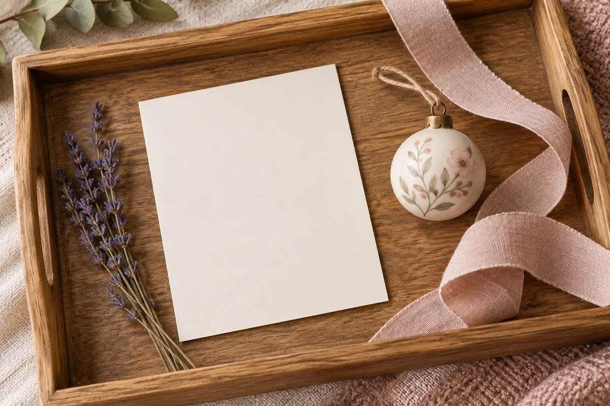 A blank card, a small ornament and a ribbon on a wooden tray.