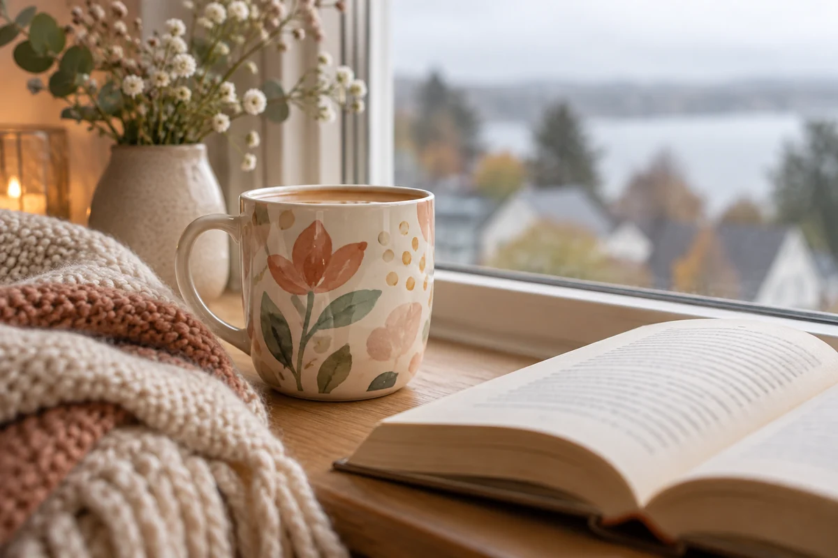 A mug on a windowsill table beside a book and a folded blanket