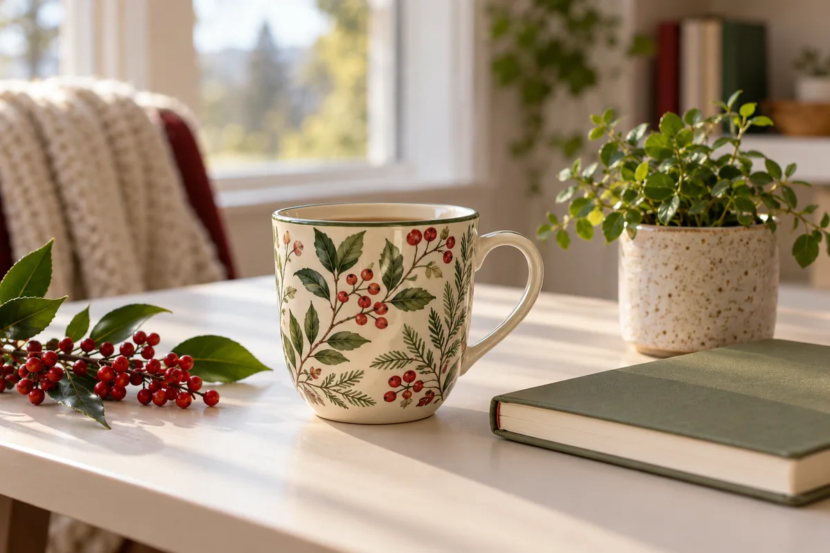A mug with a floral pattern beside a small branch of red berries on a desk.