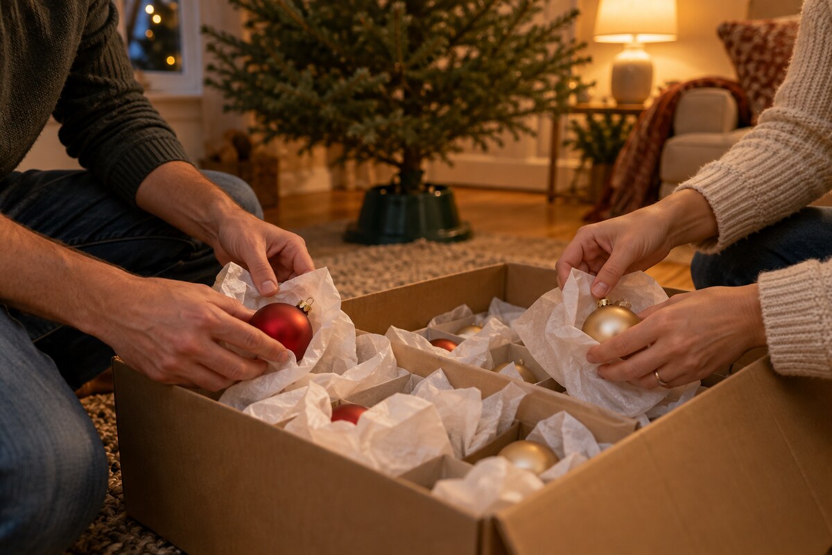 A family's hands arranging ornaments in an open storage box beside a tree
