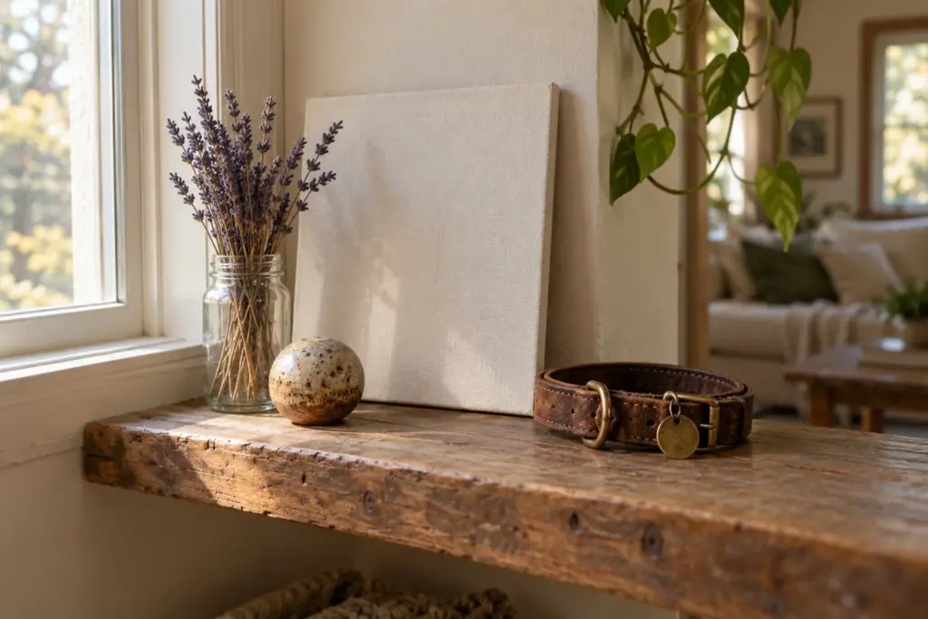 A quiet shelf with a framed canvas, a small ornament and a worn dog collar beside a window.
