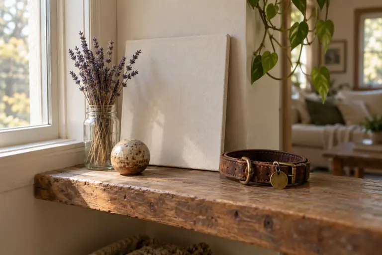 A quiet shelf with a framed canvas, a small ornament and a worn dog collar beside a window.