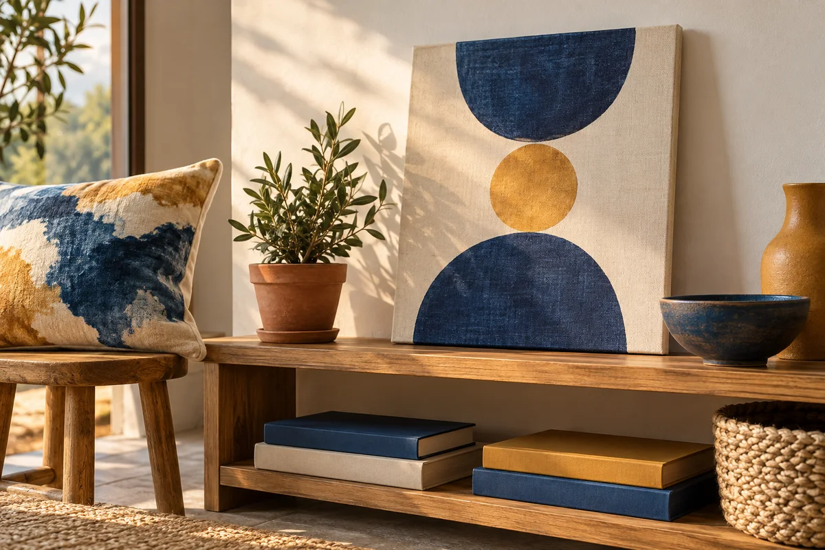 A canvas print leaning on a shelf beside a pillow and a small plant.