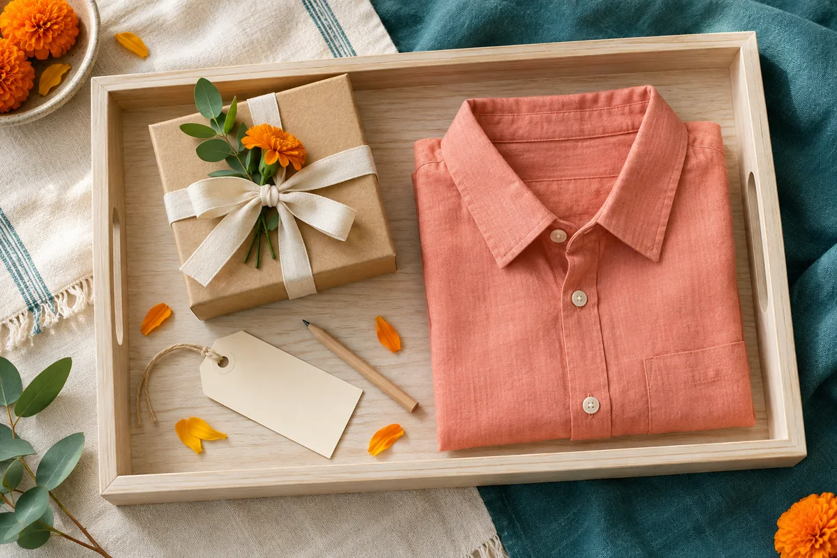 A pale tray holding a small gift box, a folded shirt and a blank gift tag beside a pencil.