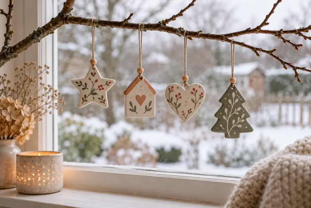 A small collection of ornaments hanging on a bare branch in a window