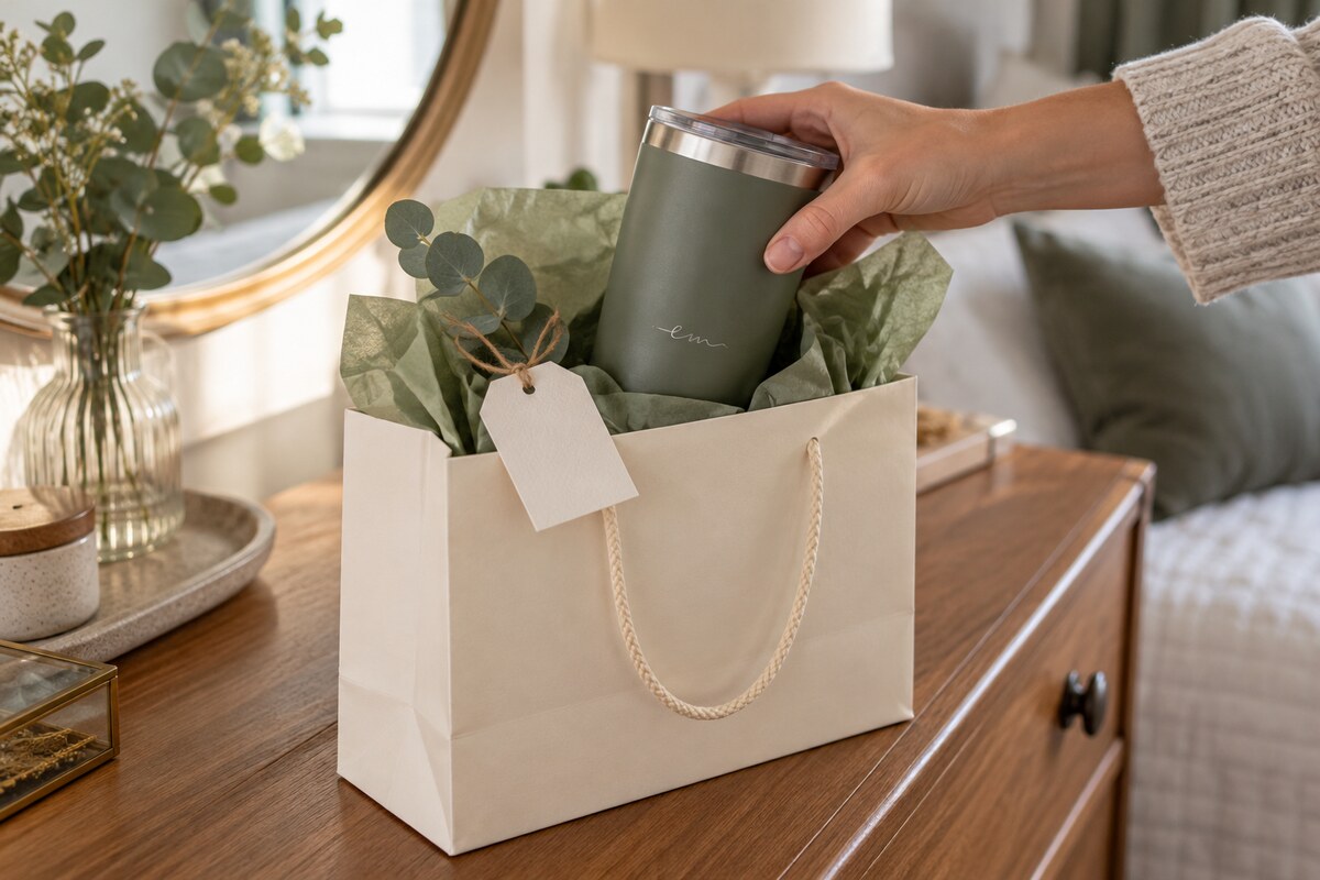 A hand placing a personalized tumbler into a gift bag with tissue paper