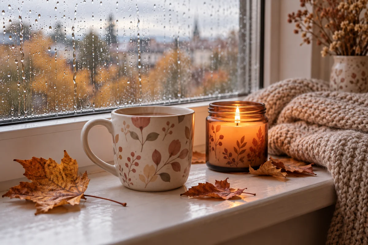A mug and a candle on a windowsill with autumn leaves and a folded blanket