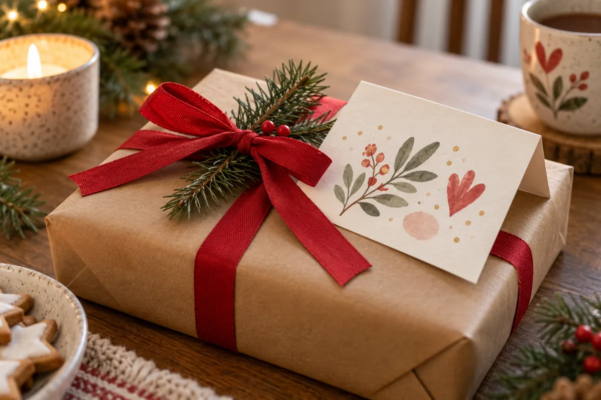 A blank card on a wrapped gift beside a small sprig of evergreen