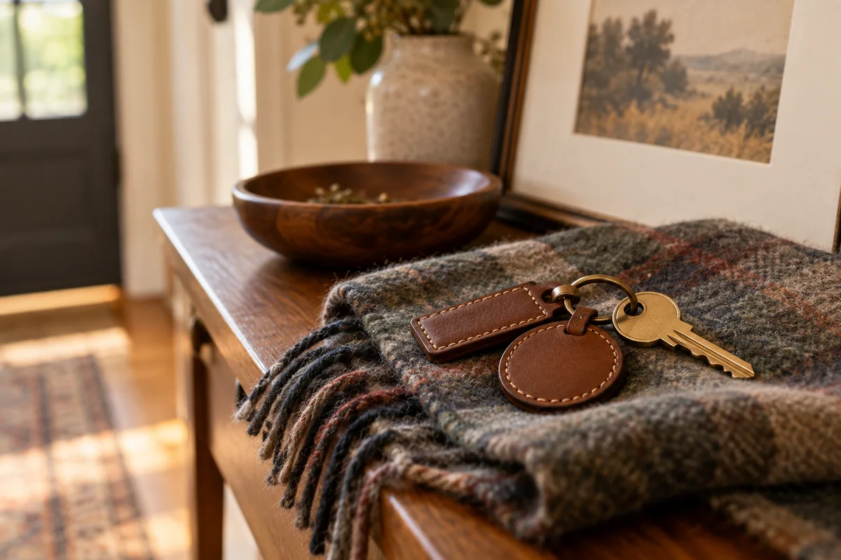 A pair of keychains laid on a folded scarf beside a house key.