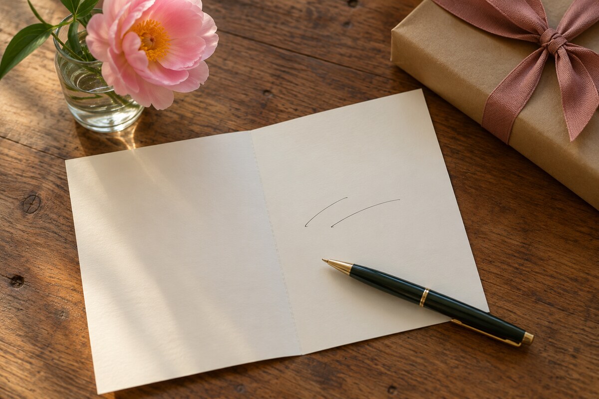 An open card with a pen across the page on a table beside a pink flower