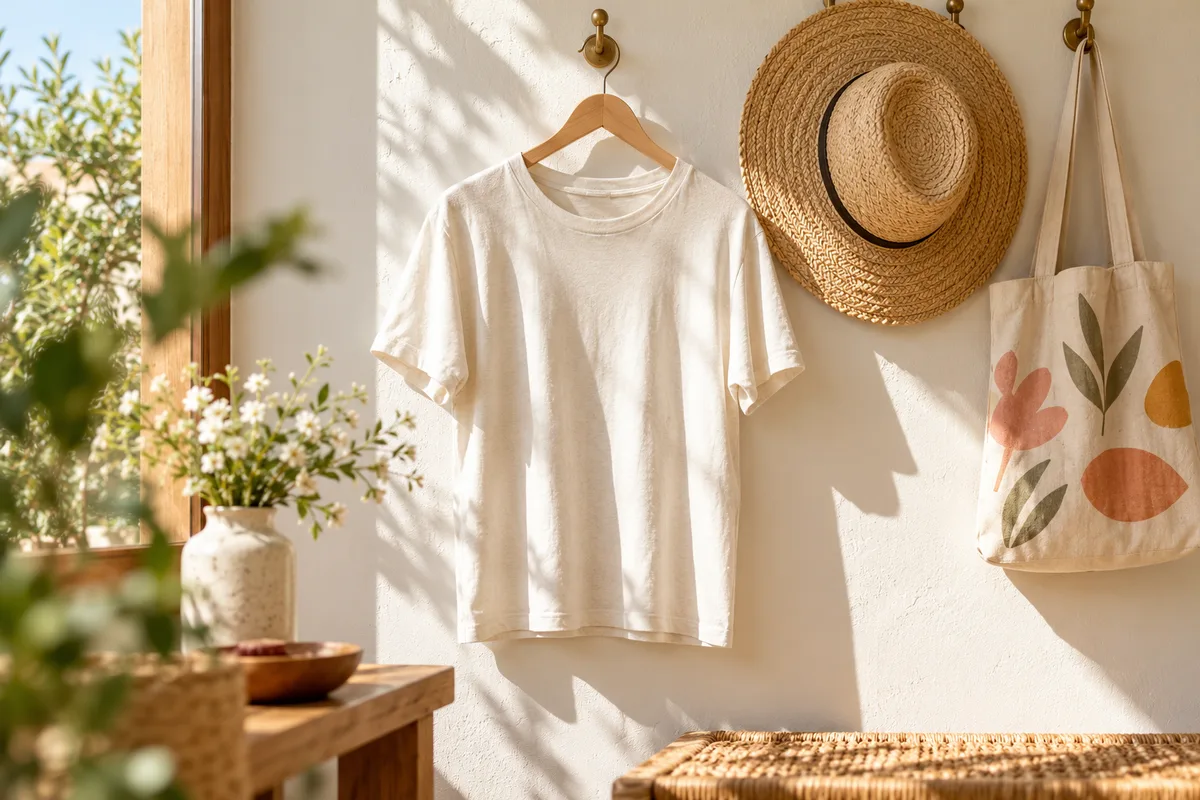 A tee on a hanger against a bright wall beside a sunhat