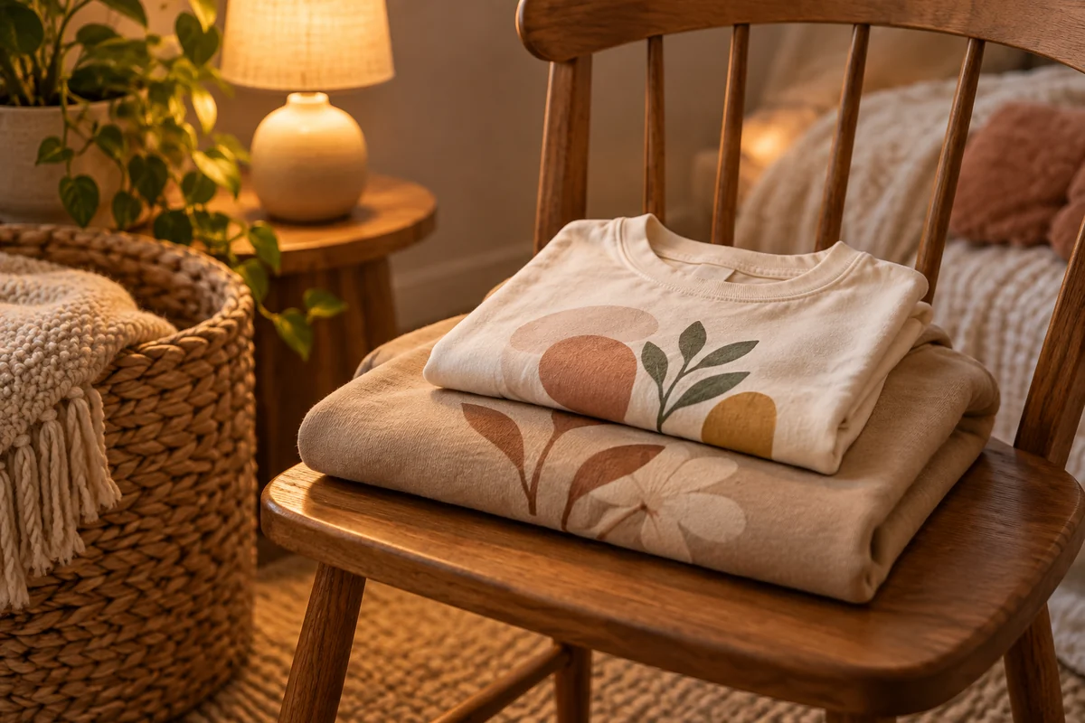 A folded sweatshirt and a tee stacked on a chair